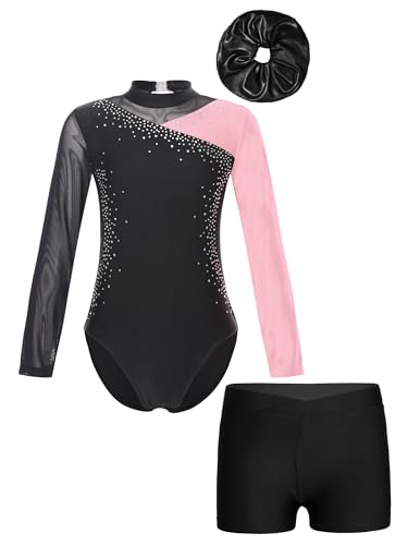 iiniim Kinder Mädchen Turnanzug Gymnastikanzug mit Shorts Haarband Glänzend Gymnastik Leotard Trikotanzug Wettbewerb Tanzkostüm C Rosa 146-152 von iiniim