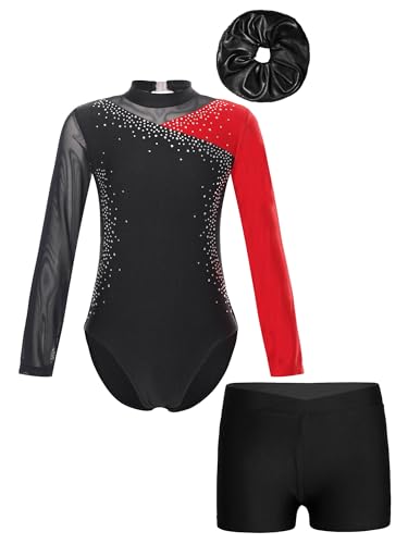 iiniim Kinder Mädchen Turnanzug Gymnastikanzug mit Shorts Haarband Glänzend Gymnastik Leotard Trikotanzug Wettbewerb Tanzkostüm C Rot 146-152 von iiniim