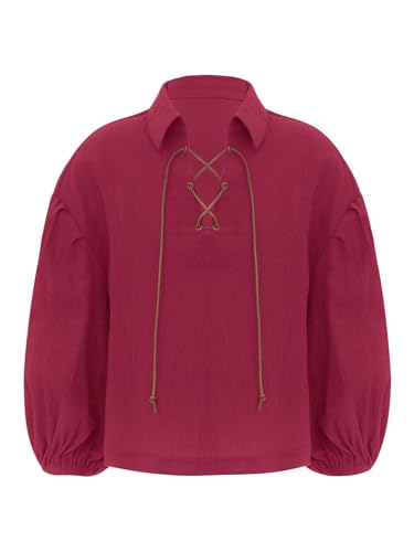 iiniim Kinder Mittelalter Hemd Gothic Rüschenhemd Renaissance Viktorianisch Piraten Hemd Tops Langarmshirt Bluse mit Jabot Kragen E Weinrot 152-164 von iiniim