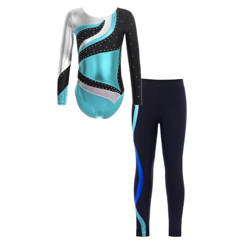 iiniim Mädchen Turnanzug Glitzer Langarm Gymnastikanzug mit Hose Gymnastik Leotard Trikotanzug Ballett Tanzbody Wettbewerb Tanzkostüm F Blau 134-140 von iiniim