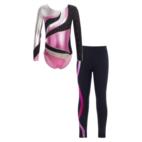 iiniim Mädchen Turnanzug Glitzer Langarm Gymnastikanzug mit Hose Gymnastik Leotard Trikotanzug Ballett Tanzbody Wettbewerb Tanzkostüm F Rosa 122-128 von iiniim