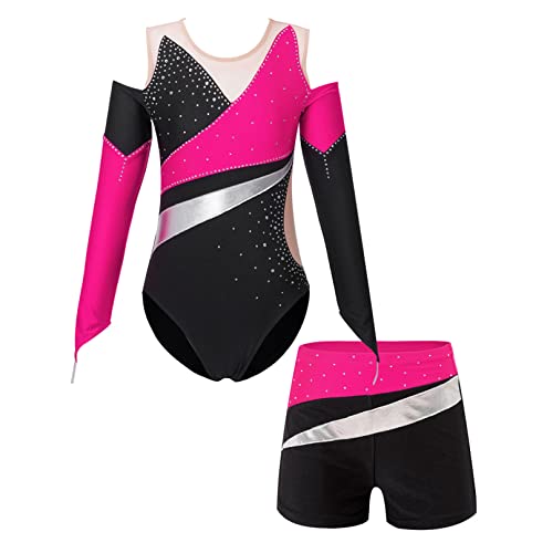 iiniim Kinder Turnanzug Gymnastikanzug Glitzer Langarm Tanzbody mit Shorts Mädchen Ballettanzug Turn-Leotards Wettbewerb Tanzkostüm Gr.110-116 E Rosa 158-164 von iiniim