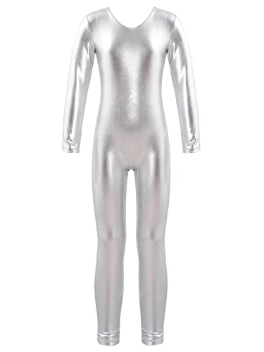 iiniim Kinder Turnanzug Gymnastikanzug Mädchen Metallic Ganzkörperanzug Langarm Jumpsuit Overall Ballett Trikot Leotard Tanzbody Dancewear Ab Silber 110-116 von iiniim