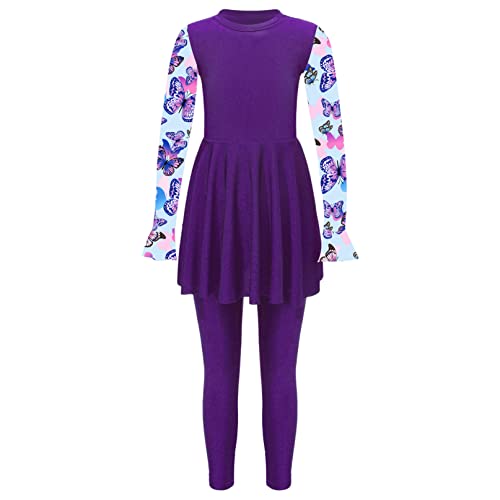 iiniim Mädchen Badeanzug Langarm Rashguard Badekleid mit Badehose Zweiteiler Bademode UV Schutz Badebekleidung Muslim Islamisch Burkini Bikini Set C Lila Schmetterling 170-176 von iiniim