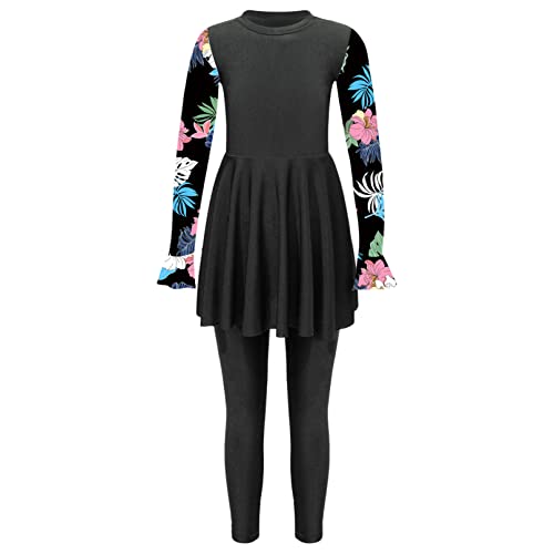 iiniim Mädchen Badeanzug Langarm Rashguard Badekleid mit Badehose Zweiteiler Bademode UV Schutz Badebekleidung Muslim Islamisch Burkini Bikini Set C Schwarz 170-176 von iiniim