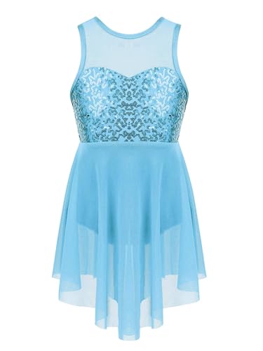 iiniim Mädchen Ballettkleid Ballettanzug Gymnastik Turnanzug mit Asymmetrisch Rock Pailletten Ballerina Latein Tanzkleid Gr.116-176 Aa Hell Blau 116 von iiniim