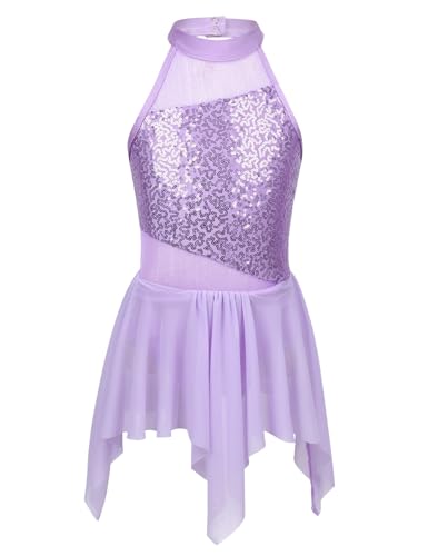 iiniim Mädchen Ballettkleid Ballettanzug Gymnastik Turnanzug mit Asymmetrisch Rock Pailletten Ballerina Latein Tanzkleid Gr.116-176 B Lavendel 152 von iiniim