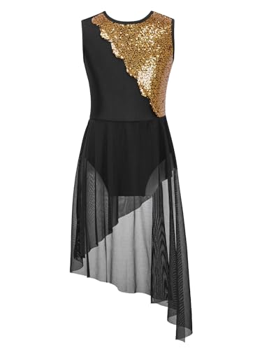 iiniim Mädchen Ballettkleid Ballettanzug Gymnastik Turnanzug mit Asymmetrisch Rock Pailletten Ballerina Latein Tanzkleid Gr.116-176 Ba Schwarz 140 von iiniim