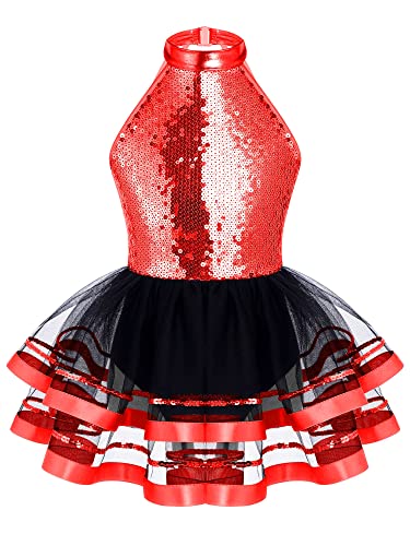 iiniim Mädchen Ballettkleid Eiskunstlauf Kleid Glitzer Pailletten Tanzkleid Ärmellos Ballettanzug mit Tutu Rock Hip Hop Jazz Tanzkostüm Wettbewerb A Rot 158-164 von iiniim