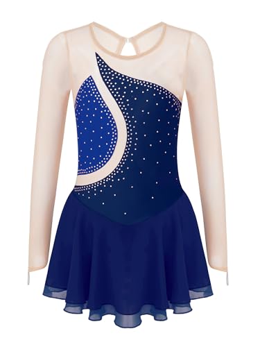 iiniim Mädchen Eiskunstlauf Kleid Glitzer Ballettkleid Langarm Rollschuhkleid Ballerina Latein Tanzkleid Eislaufen Gymnastik Wettbewerb Gr.110-176 Ba Marine Blau A 146-152 von iiniim