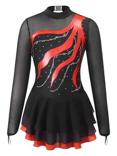 iiniim Mädchen Ballettkleid Eiskunstlauf Kleid Rollschuhkleid Langarm Ballettanzug Ballerina Latein Tanzkleid Gymnastik Wettbewerb Gr.110-176 Aa Rot 158-164 von iiniim