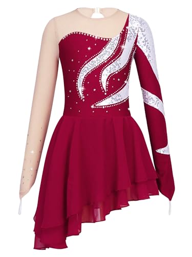 iiniim Mädchen Ballettkleid Eiskunstlauf Kleid Rollschuhkleid Langarm Ballettanzug Ballerina Latein Tanzkleid Gymnastik Wettbewerb Gr.110-176 Ac Rot A 158-164 von iiniim