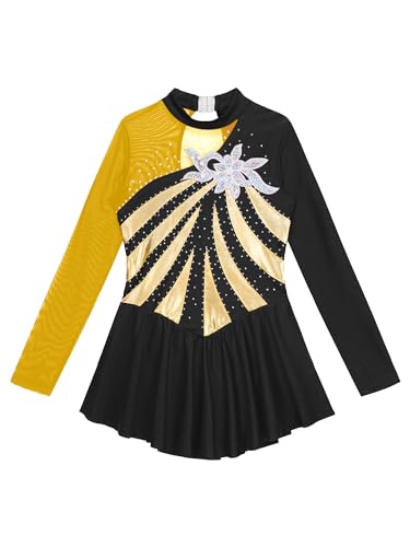 iiniim Mädchen Ballettkleid Eiskunstlauf Kleid Rollschuhkleid Langarm Ballettanzug Gymnastik Trikot Ballerina Latein Tanzkleid Wettbewerb Gr.110-176 B Schwarz 146-152 von iiniim