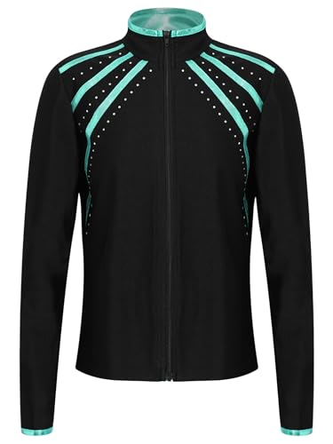 iiniim Mädchen Eiskunstlauf Jacke Farbblock Sweatjacke Sport Jacke mit Strass Trainingsjacke Mantel Oberteile Eislaufen Training Wettbewerb B Blau Grün 122-128 von iiniim