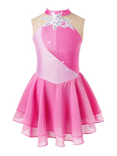 iiniim Mädchen Eiskunstlauf Kleid Ärmellos Ballettanzug mit Tutu Rock Für Ballerina Latein Eislaufen Rollschuhkleid Tanzkleidung Ab Rosa A 122-128 von iiniim