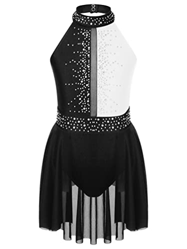 iiniim Mädchen Eiskunstlauf Kleid Glitzer Ballettkleid mit Strass Neckholder Rollschuhkleid Lyrisch Tanzkleid Performance Tanzkostüm Schwarz&Weiß 146-152 von iiniim