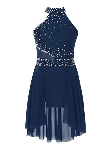 iiniim Mädchen Eiskunstlauf Kleid Glitzer Ballettkleid Rollschuhkleid Ärmellos Ballerina Kleid Latein Tanzkleid Gymnastik Wettbewerb Tanzkleidung Marine Blau 158-164 von iiniim