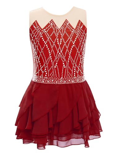 iiniim Mädchen Eiskunstlauf Kleid Glitzer Ballettkleid Strass Glänzend Rollschuhkleid Ballerina Latein Tanzkleid Eislaufen Wettbewerb Tanzkostüm Burgundy 134-140 von iiniim
