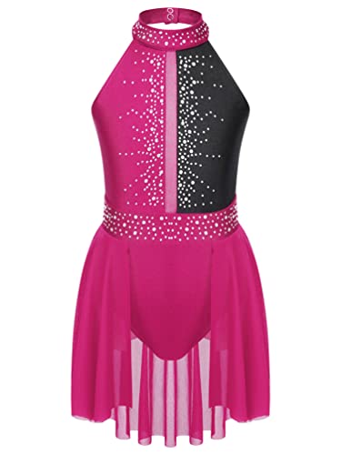 iiniim Mädchen Eiskunstlauf Kleid Glitzer Ballettkleid mit Strass Neckholder Rollschuhkleid Lyrisch Tanzkleid Performance Tanzkostüm Dunkel Rosa&Schwarz 146-152 von iiniim