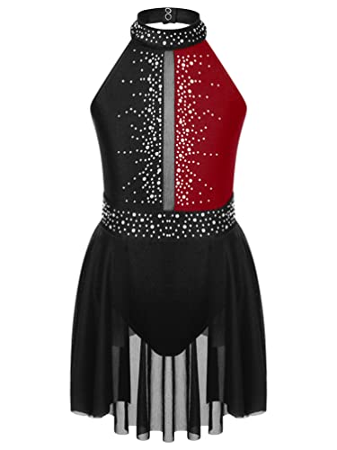 iiniim Mädchen Eiskunstlauf Kleid Glitzer Ballettkleid mit Strass Neckholder Rollschuhkleid Lyrisch Tanzkleid Performance Tanzkostüm Schwarz&Weinrot 158-164 von iiniim