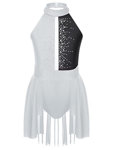 iiniim Mädchen Eiskunstlauf Kleid Glitzer Ballettkleid mit Strass Neckholder Rollschuhkleid Lyrisch Tanzkleid Performance Tanzkostüm Weiß&Schwarz 146-152 von iiniim