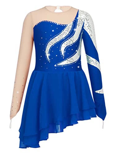 iiniim Mädchen Eiskunstlauf Kleid Rollschuhkleid Langarm Ballettkleid Ballerina Latein Tanzkleid Rollkunstlauf Kleid Wett"be"werb Tanzkostüm Dunkel Blau 170-176 von iiniim
