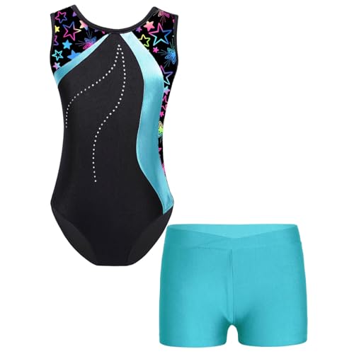 iiniim Mädchen Gymnastikanzug mit Shorts Einhörner Turnanzug Ärmellos Gymnastik Leotard Trikotanzug Wettbewerb Tanzkostüm Ab Blau Grün 146-152 von iiniim