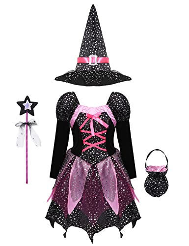 iiniim Mädchen Hexen Kleid Zauberer Kleid komplett mit Hexenhut Zauberstab Hexenkessel Cosplay Karneval Party Outfits Gr.98-176 A Schwarz 122-128 von iiniim
