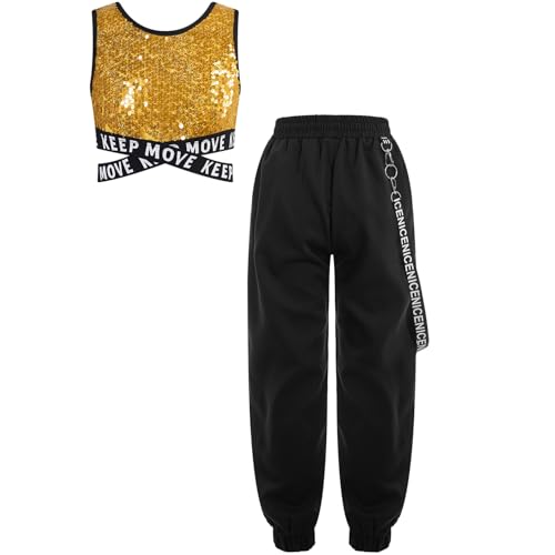 iiniim Mädchen Hip Hop Kleidung Pailletten Sport Crop Tops Oberteile + Cargohose Trainingsanzug Street Dance Jazz Tanzkleidung Gold 110-116 von iiniim
