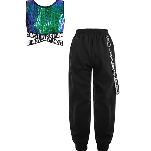 iiniim Mädchen Hip Hop Kleidung Pailletten Sport Crop Tops Oberteile + Cargohose Trainingsanzug Street Dance Jazz Tanzkleidung Grün 170-176 von iiniim