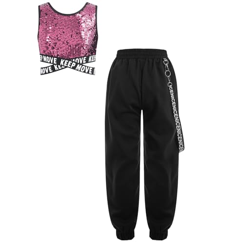 iiniim Mädchen Hip Hop Kleidung Pailletten Sport Crop Tops Oberteile + Cargohose Trainingsanzug Street Dance Jazz Tanzkleidung Rosa 158-164 von iiniim