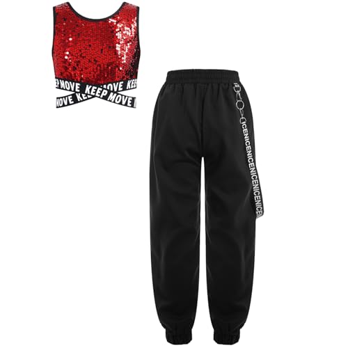 iiniim Mädchen Hip Hop Kleidung Pailletten Sport Crop Tops Oberteile + Cargohose Trainingsanzug Street Dance Jazz Tanzkleidung Rot 134-140 von iiniim