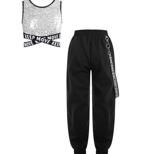 iiniim Mädchen Hip Hop Kleidung Pailletten Sport Crop Tops Oberteile + Cargohose Trainingsanzug Street Dance Jazz Tanzkleidung Silber 122-128 von iiniim