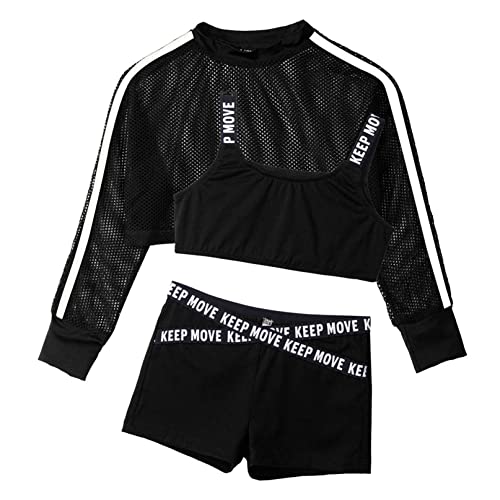 iiniim Mädchen Hip Hop Kleidung Sport Set Langarmshirt Crop Tops + Sport BH Bustier + Shorts Kinder Sport Trikot Street Dance Outfits A Schwarz 122-128 von iiniim