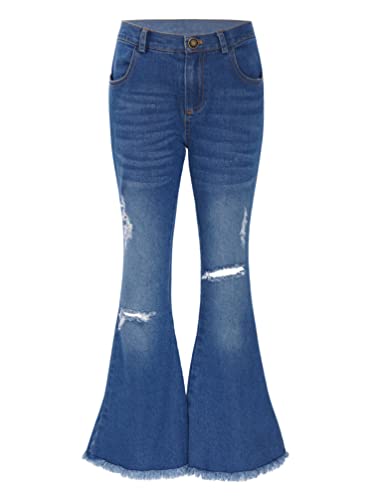 iiniim Mädchen Jeans Hosen Loch Denim Jeans Vintage Hose Schlaghose mit weitem Bein Hoch Taille Straight Hose Skinny Pants Freizeithosse A Blau 134-140 von iiniim