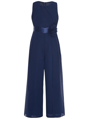 iiniim Mädchen Jumpsuit Sommer Elegant Overall Chiffon Lang Weites Bein Hose mit 3D Blumen Taillengürtel Hochzeit Abschluss Geburtstag Party Marine Blau 146-152 von iiniim