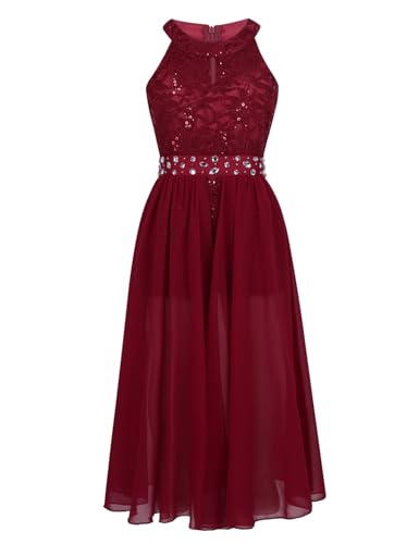 iiniim Mädchen Kleid Prinzessin Kleid Spitze Chiffon Kleid Festlich Kleid Hochzeit Blumenmädchenkleid Abendkleid Gr.92-176 Bc Wine Rot 152 von iiniim