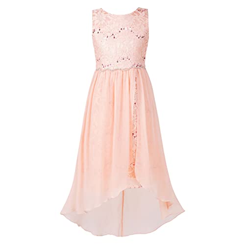 iiniim Mädchen Kleider Spitze Chiffon Kleid Festlich Hochzeit Blumenmädchenkleid Prinzessin Kleid mit Asymmetrisch Rock Sommer Partykleid Gr.104-176 Aa Koralle Rosa 140 von iiniim