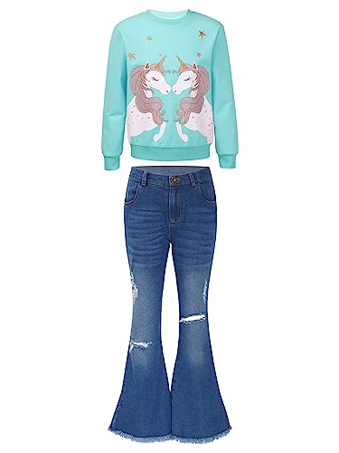 iiniim Mädchen Kleidung Set Schmetterling Einhörner Sweatshirt Pullover + Jeanshose Schlaghose Bekleidungssets Freizeitkleidung B Lake Grün 146-152 von iiniim