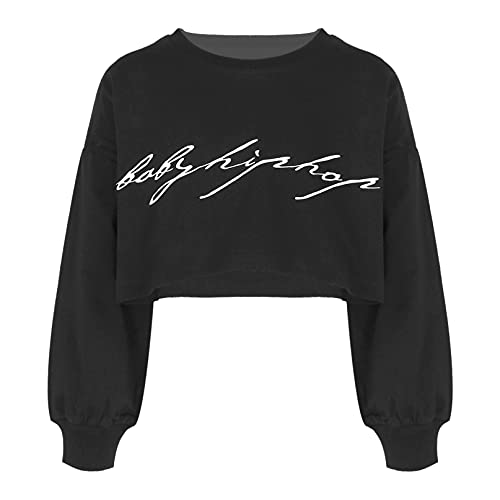 iiniim Mädchen Sweatshirt Langarmshirt Crop Tops Bauchfrei Oberteile mit Buchstaben Druck Kinder Hip Hop Kleidung Jazz Tanz Party Streetwear A Schwarz 122-128 von iiniim