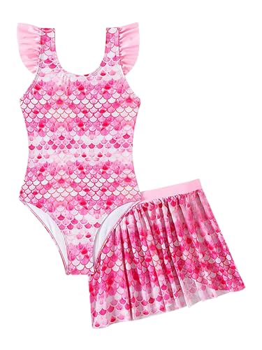 iiniim Mädchen Meerjungfrau Badeanzug mit Rock Fischschuppen Bademode Zweiteiler Badeanzug Bikini Tankini Set Schwimmanzug Badebekleidung Dunkel Rosa 122-128 von iiniim