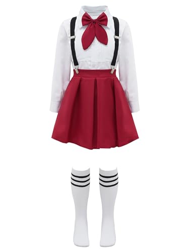 iiniim Mädchen Schuluniform Japan Anime Uniform Kurzarm/Langarm Shirt + Minirock + Socken 5 Set Schulmädchen Kostüm Schule Chor Outfits Weinrot 146-152 von iiniim