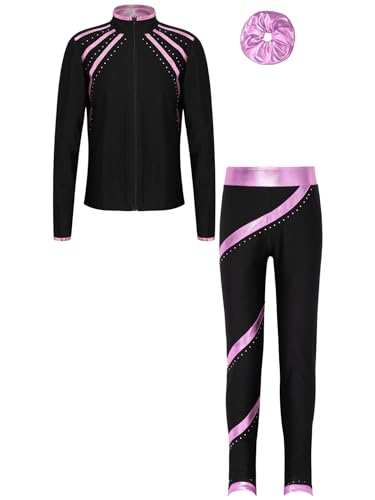 iiniim Mädchen Sport Kleidung Set Eiskunstlauf Anzug Glitzer Sweatjacke + Sport Hose Leggings + Haarband Trainingsanzug Gymnastik Yoga Tanzkleidung Rosa 110-116 von iiniim