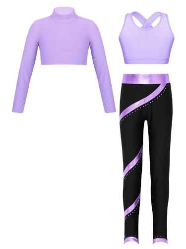 iiniim Mädchen Sport Kleidung Set Jogginganzug 3tlg. Langarmshirt Sport Crop Top Oberteile mit Leggings Sport Jogging Tanz Yoga Gym Training K Lila 146-152 von iiniim