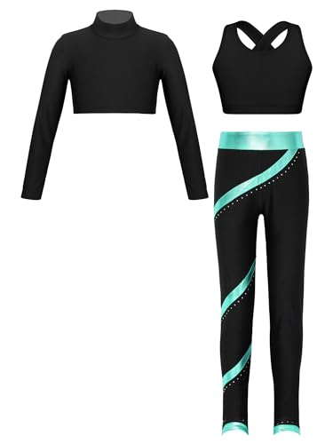 iiniim Mädchen Sport Kleidung Set Jogginganzug 3tlg. Langarmshirt Sport Crop Top Oberteile mit Leggings Sport Jogging Tanz Yoga Gym Training K Schwarz&Blau Grün 158-164 von iiniim