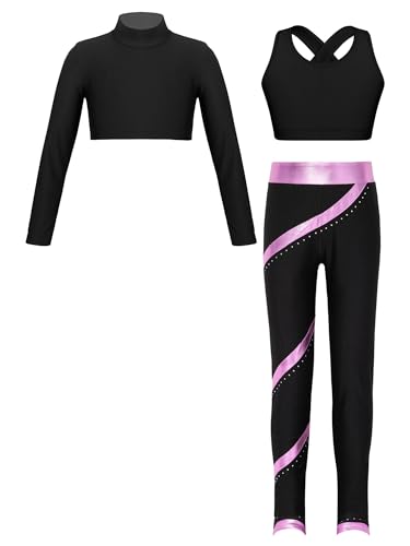 iiniim Mädchen Sport Kleidung Set Jogginganzug 3tlg. Langarmshirt Sport Crop Top Oberteile mit Leggings Sport Jogging Tanz Yoga Gym Training K Schwarz&Rosa 146-152 von iiniim
