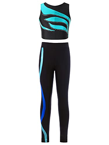 iiniim Mädchen Sport Kleidung Set Jogginganzug Farbblock Sport BH Crop Top Oberteile mit Fitness Hose Jogger Tanz Yoga Training Gr.110-176 E Lake Grün&Blau 122-128 von iiniim