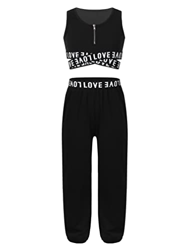 iiniim Mädchen Sport Kleidung Set Jogginganzug Farbblock Sport BH Crop Top mit Leggings Sport Hose Jogger Tanz Yoga Trainingsanzug A Schwarz T 146-152 von iiniim