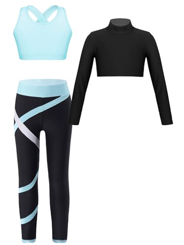 iiniim Mädchen Sport Kleidung Set Jogginganzug Langarmshirt Crop Tops Oberteile mit Fitness Hose Jogger Tanz Yoga Training Af Hellblau 158-164 von iiniim