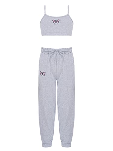 iiniim Mädchen Sport Kleidung Set Jogginganzug Schmetterling Druck Crop Top Oberteile mit Fitness Hose Jogger Tanz Yoga Training Aa Grau 122-128 von iiniim